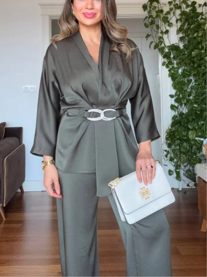 V-neck satin flowy wide-leg trousers suit