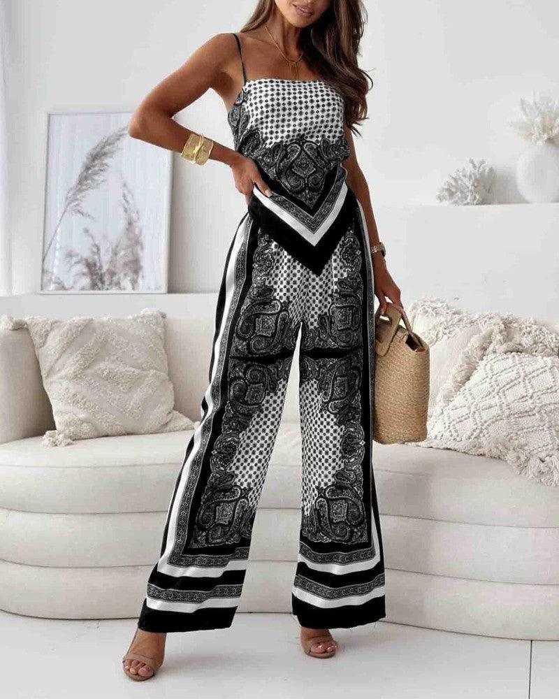 Stylish Printed Lace-Up Vest & Trousers Two-Piece Set