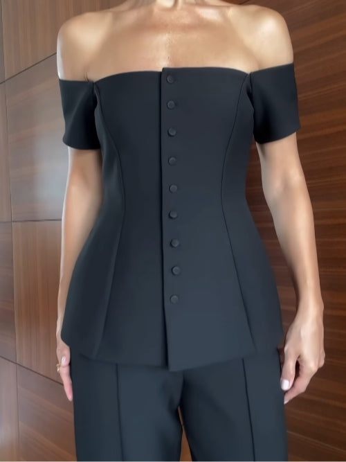 Off-shoulder short-sleeved button-down waistcoat suit