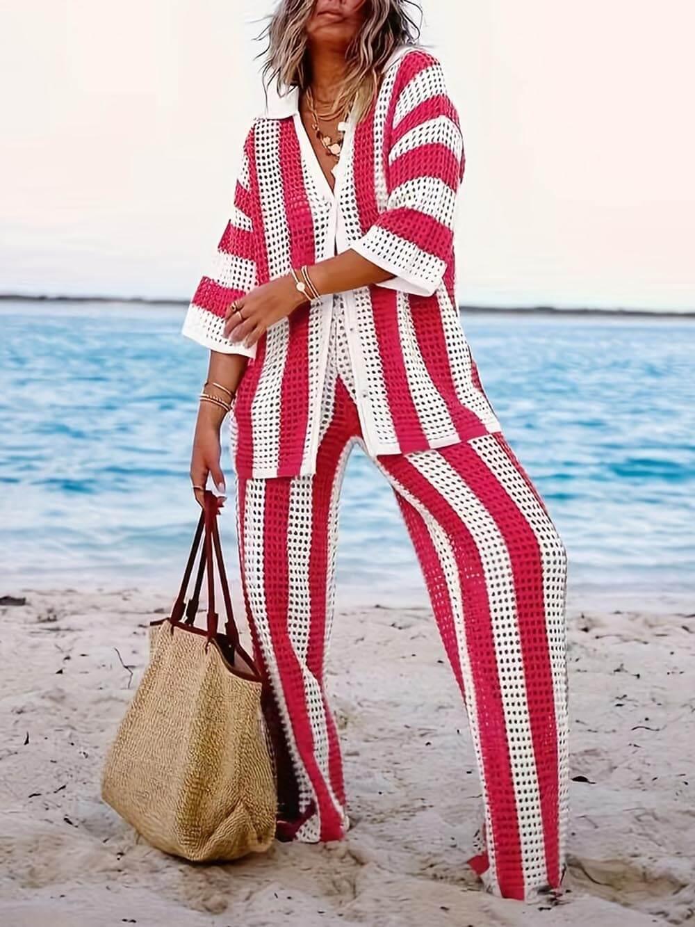 Loose V-Neck Fashion Hollow Out Striped Shirt Wide Leg Trousers Set