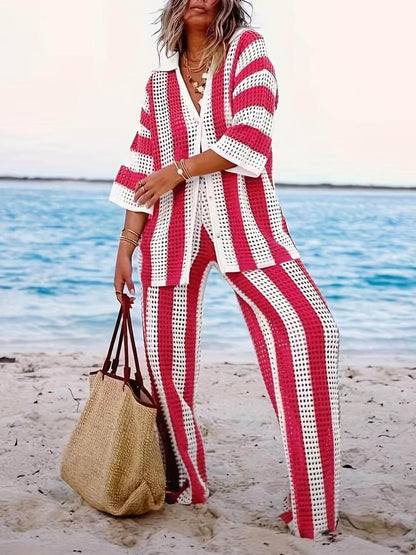 Loose V-Neck Fashion Hollow Out Striped Shirt Wide Leg Trousers Set