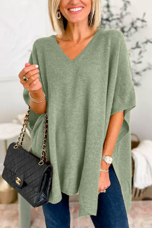 Chic V Neck Loose Fit Solid Poncho Sweater