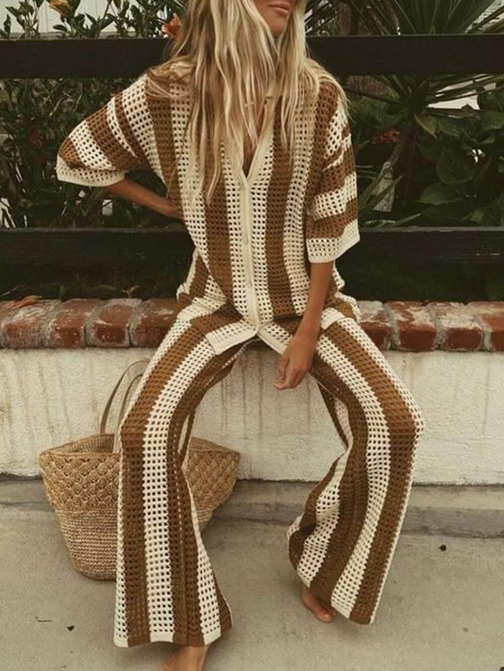 Loose V-Neck Fashion Hollow Out Striped Shirt Wide Leg Trousers Set