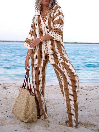 Loose V-Neck Fashion Hollow Out Striped Shirt Wide Leg Trousers Set