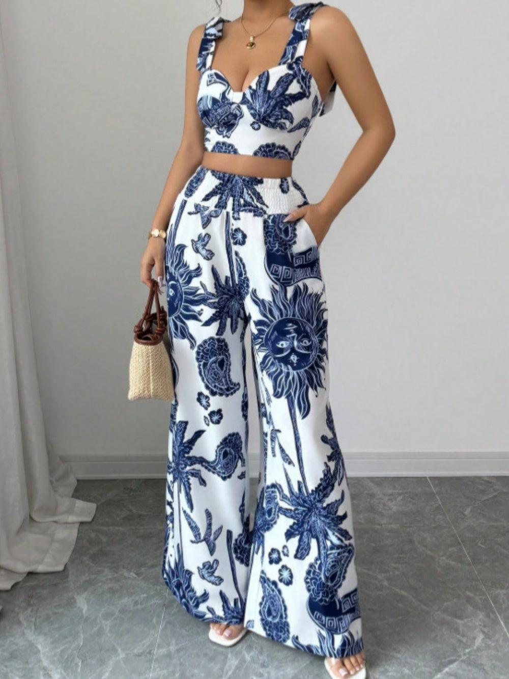 Printed V-neck top + loose wide-leg trousers set