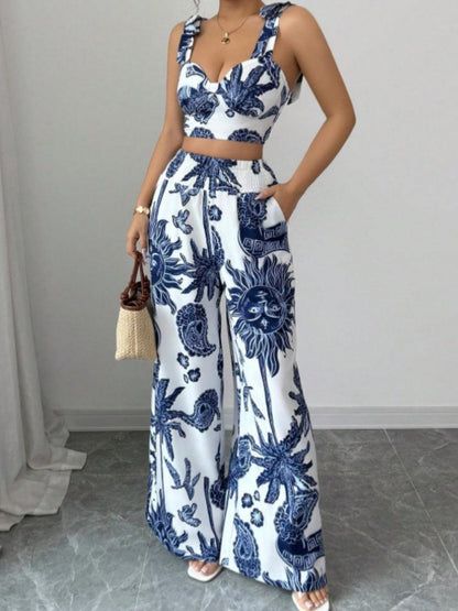 Printed V-neck top + loose wide-leg trousers set