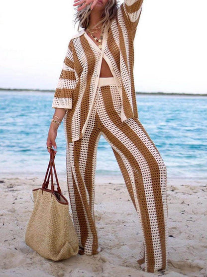 Loose V-Neck Fashion Hollow Out Striped Shirt Wide Leg Trousers Set