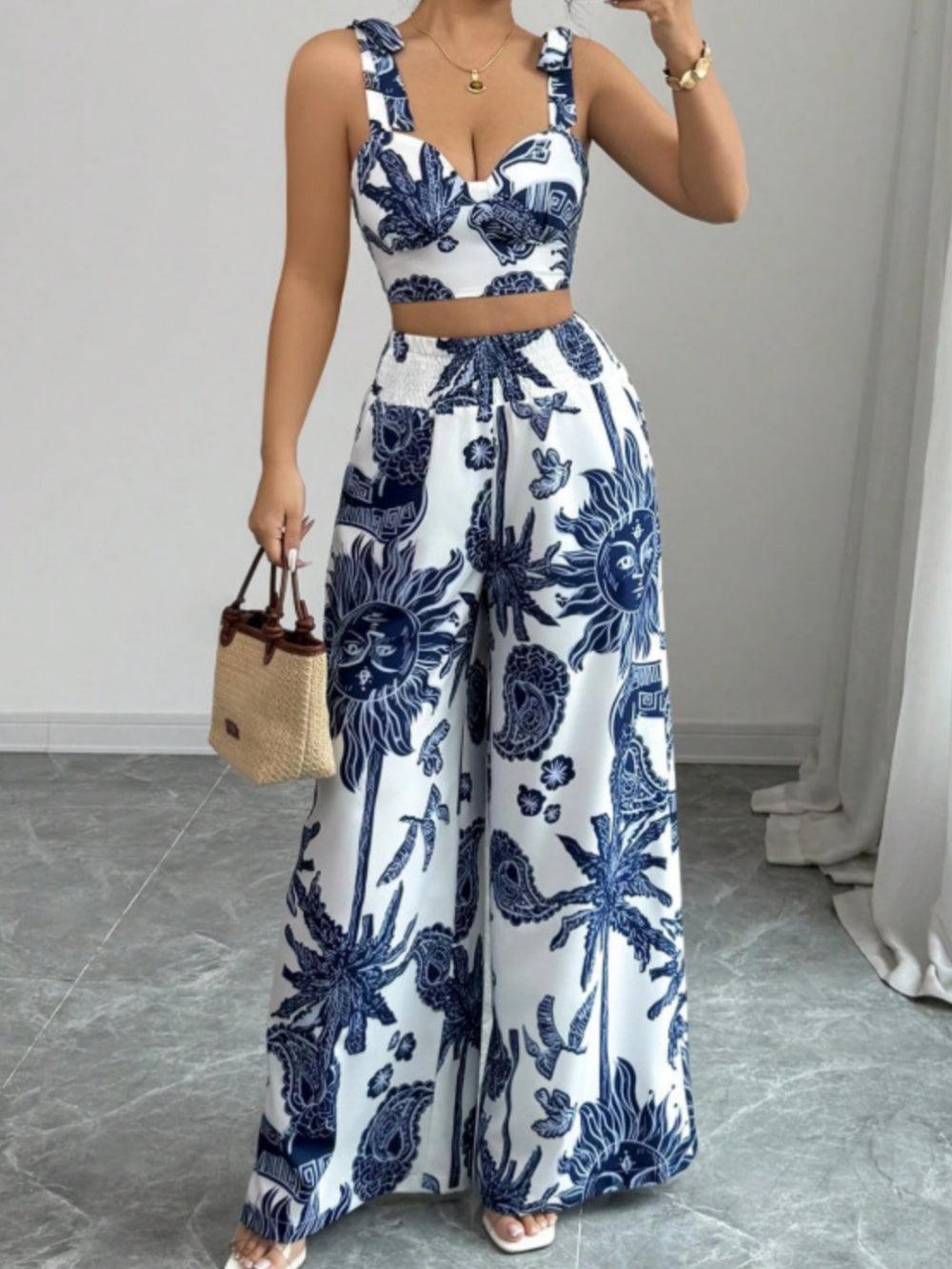 Printed V-neck top + loose wide-leg trousers set