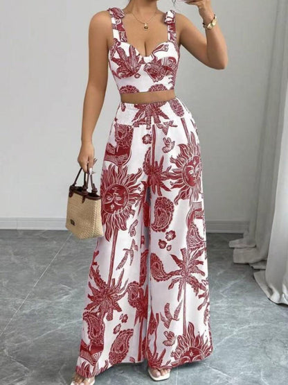 Printed V-neck top + loose wide-leg trousers set