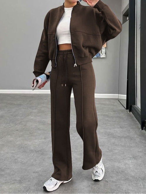 Women's zippered cardigan and straight trousers suit