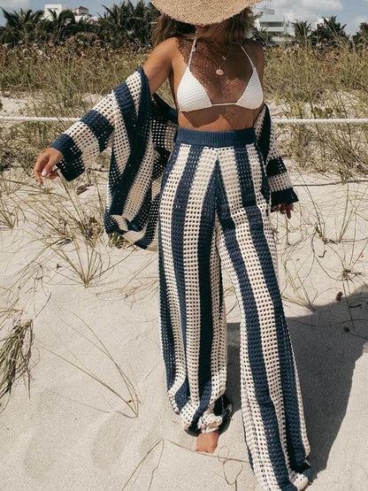 Loose V-Neck Fashion Hollow Out Striped Shirt Wide Leg Trousers Set