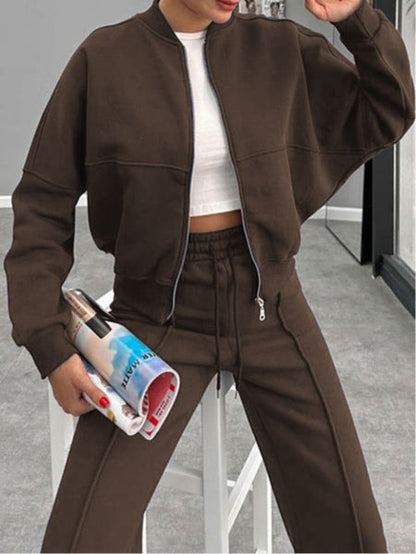 Women's zippered cardigan and straight trousers suit