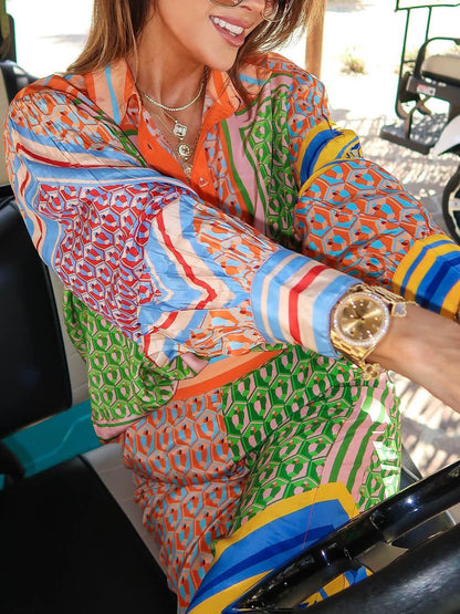 Colourful Unique Print Balloon Sleeve Button Loose Shirt