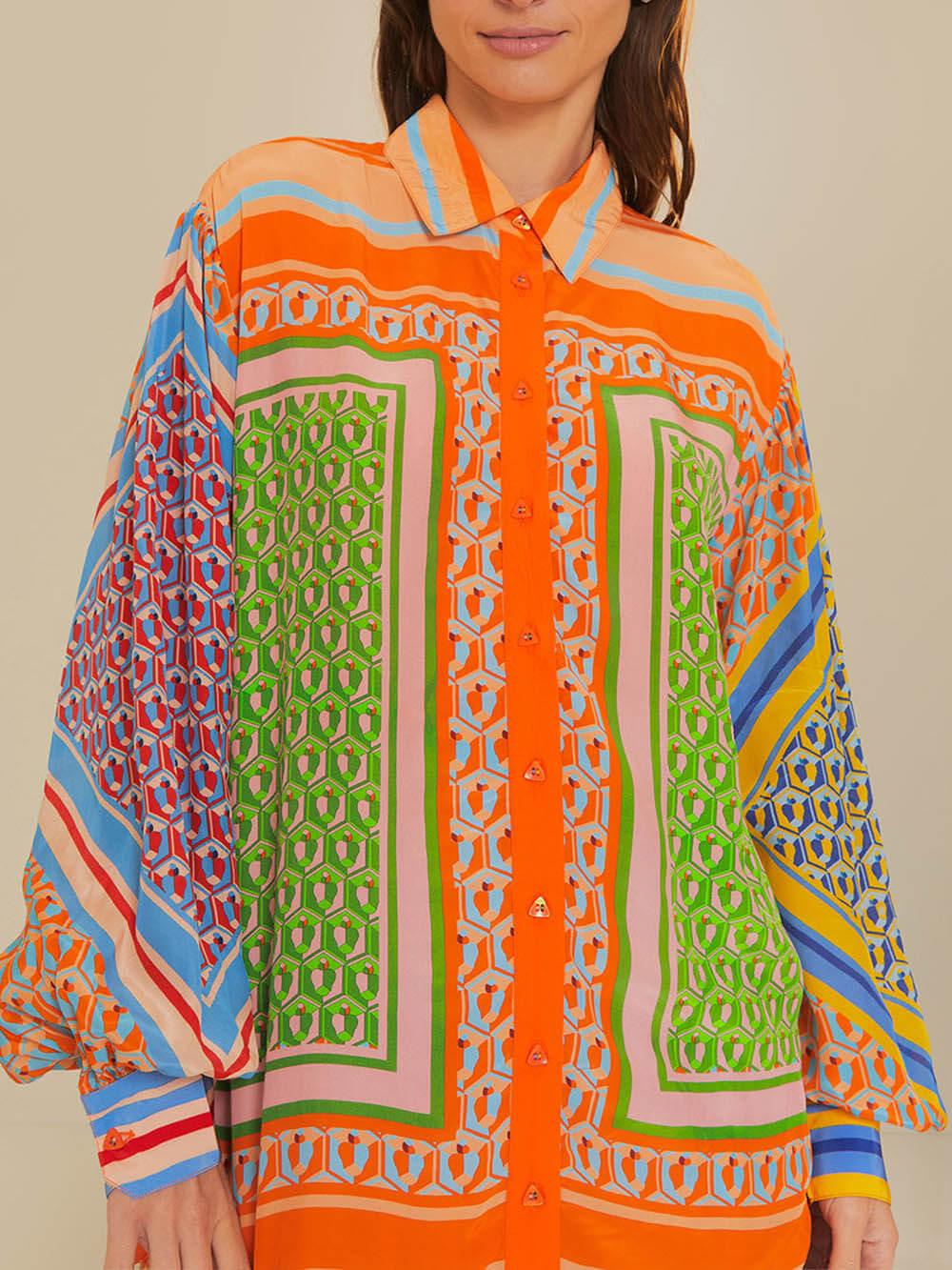 Colourful Unique Print Balloon Sleeve Button Loose Shirt