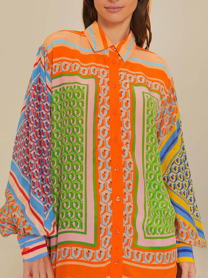Colourful Unique Print Balloon Sleeve Button Loose Shirt