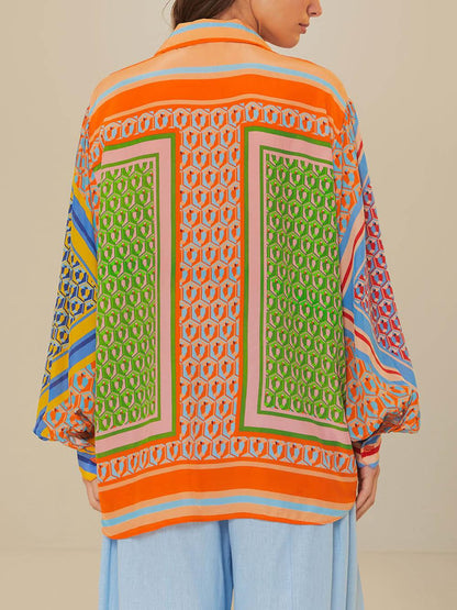 Colourful Unique Print Balloon Sleeve Button Loose Shirt