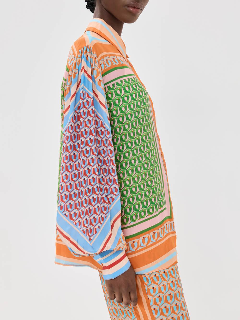 Colourful Unique Print Balloon Sleeve Button Loose Shirt