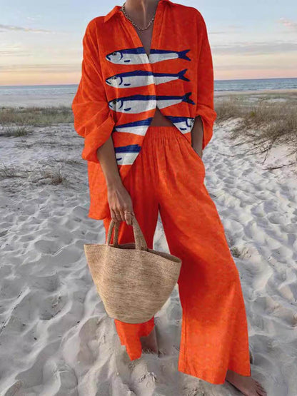 Unique Casual Print Loose Oversized Shirt Wide-Leg Trousers Set