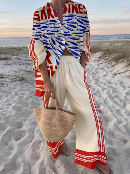 Unique Casual Print Loose Oversized Shirt Wide-Leg Trousers Set