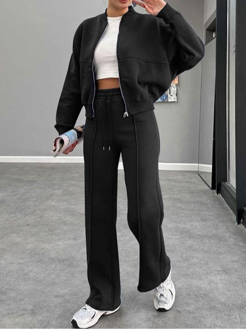 Women's zippered cardigan and straight trousers suit