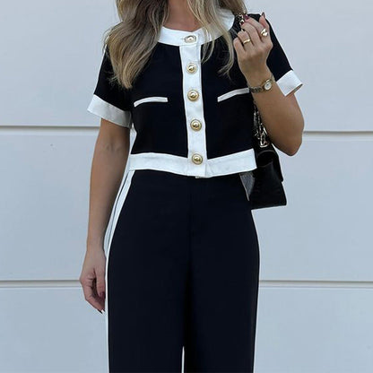 Stylish Casual Short Top & Straight-Leg Trousers Two-Piece Set