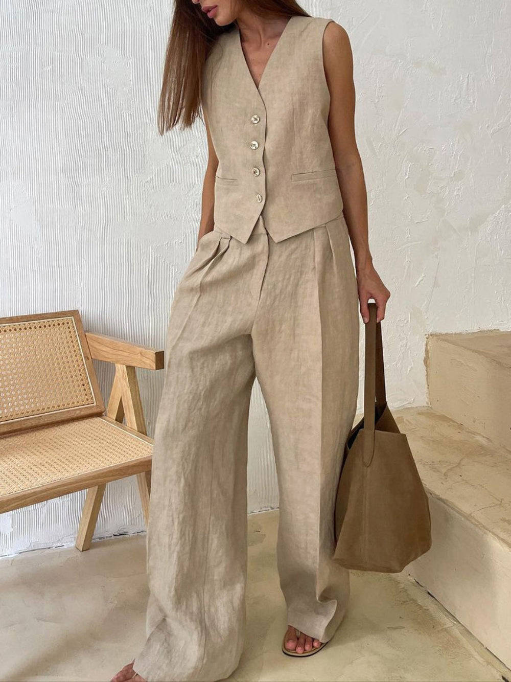 Classic V-neck Pleated Cotton and Linen Wide-leg Trousers Suit