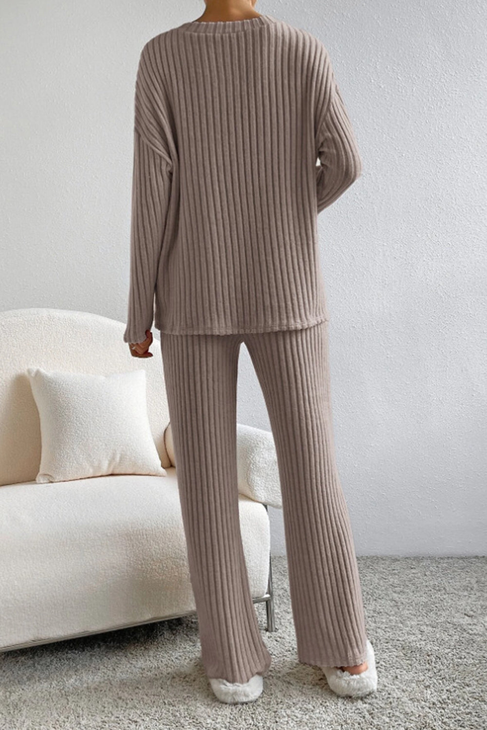 Ribbed V-Neck Top and Trousers Set