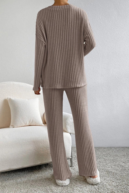 Ribbed V-Neck Top and Trousers Set