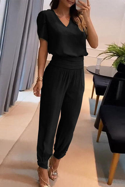 Casual V-Neck Printed Short Sleeve Long Trousers Two-Piece Set