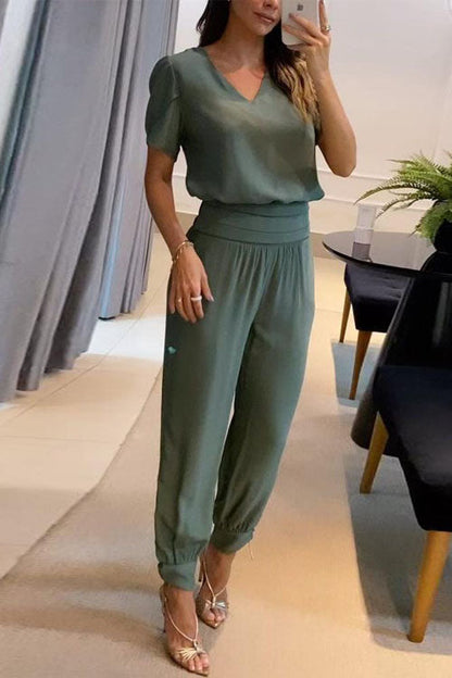 Casual V-Neck Printed Short Sleeve Long Trousers Two-Piece Set
