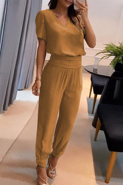 Casual V-Neck Printed Short Sleeve Long Trousers Two-Piece Set