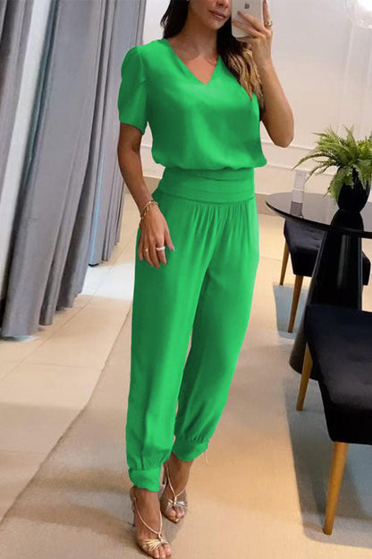 Casual V-Neck Printed Short Sleeve Long Trousers Two-Piece Set