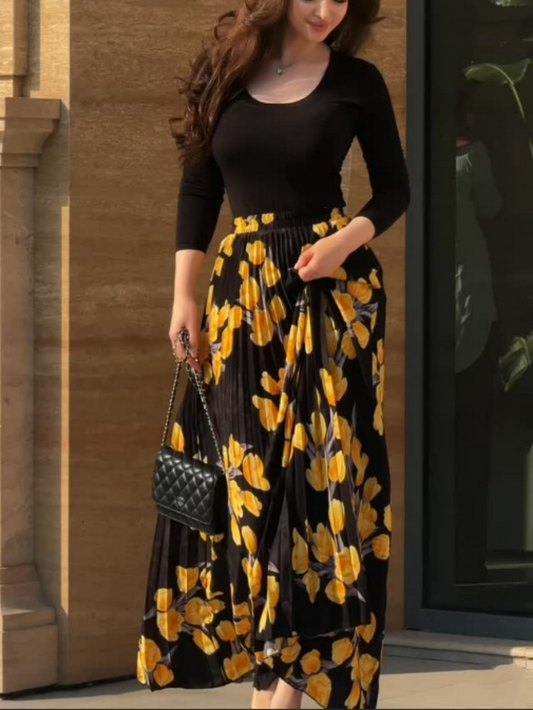 Yellow printed pleated skirt + top set