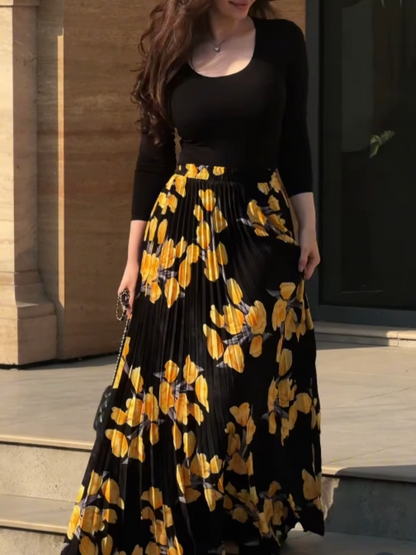 Yellow printed pleated skirt + top set