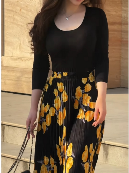 Yellow printed pleated skirt + top set