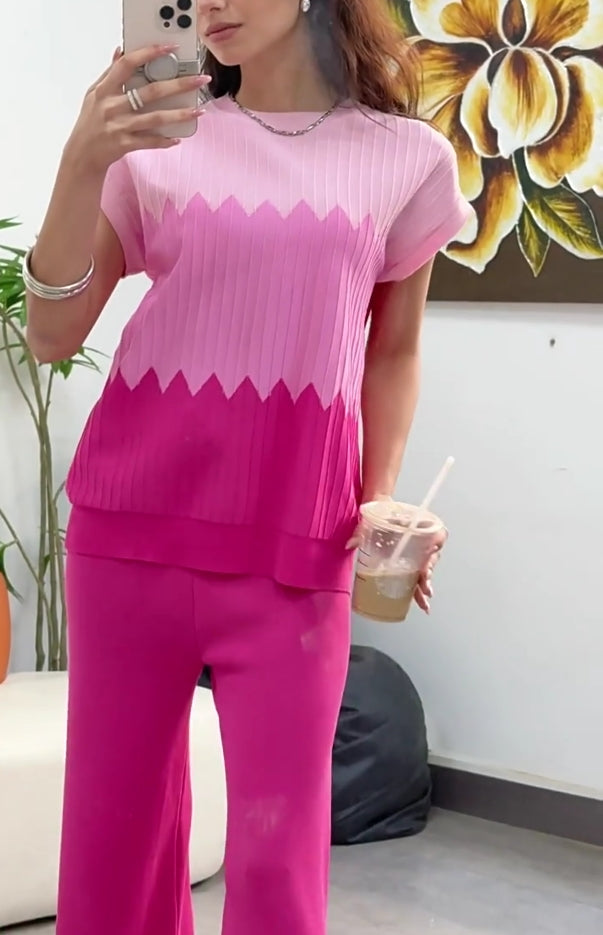 Contrast Colour Crew Neck Sweater Wide Leg Trousers Suit