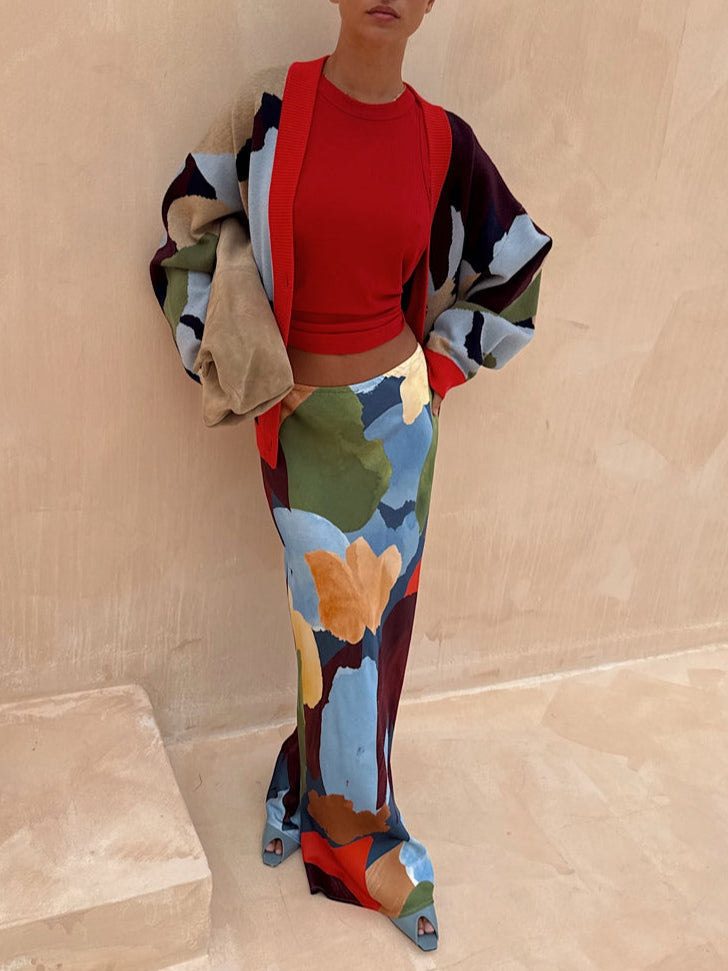 Abstract Geometric Pattern Knitted Jacket + Skirt Set