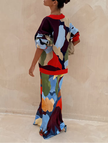 Abstract Geometric Pattern Knitted Jacket + Skirt Set