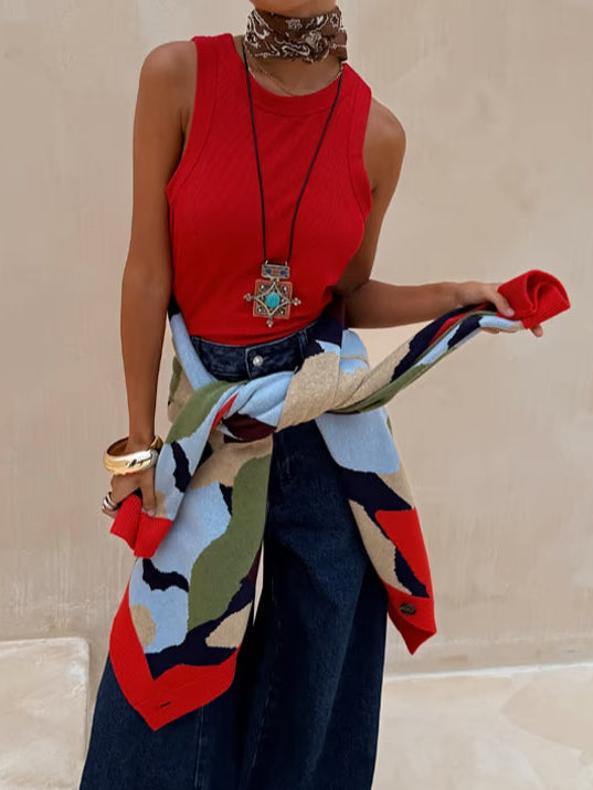 Abstract Geometric Pattern Knitted Jacket + Skirt Set