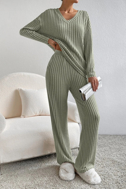 Ribbed V-Neck Top and Trousers Set
