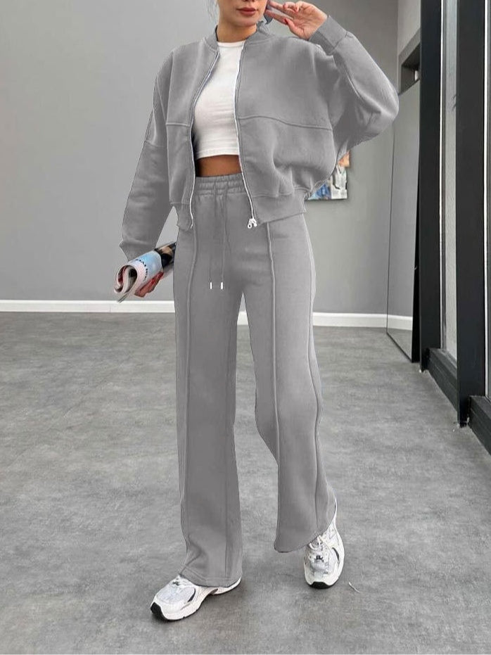 Women's zippered cardigan and straight trousers suit