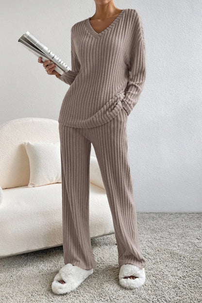 Ribbed V-Neck Top and Trousers Set
