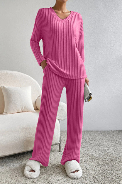 Ribbed V-Neck Top and Trousers Set