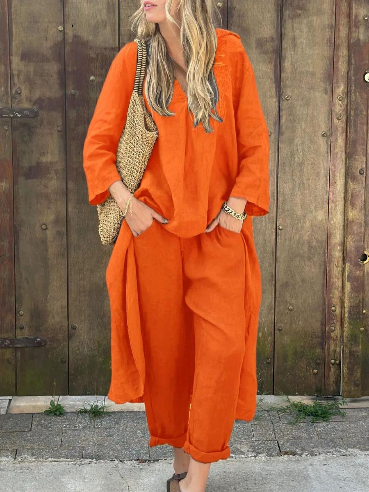 Linen Irregular Loose V-neck Top and High-Waisted Pocket Wide-leg Trousers Set