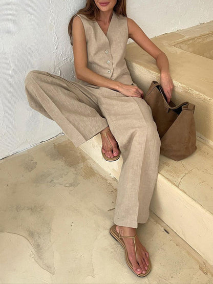 Classic V-neck Pleated Cotton and Linen Wide-leg Trousers Suit