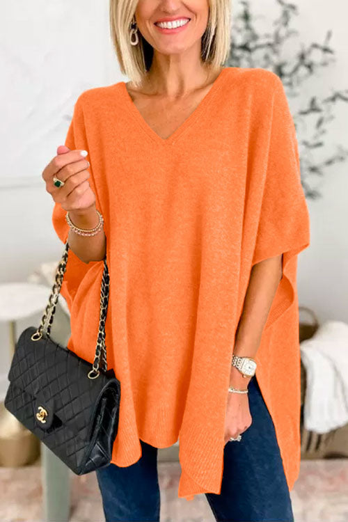 Chic V Neck Loose Fit Solid Poncho Sweater