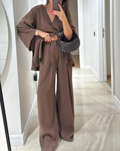 Casual V-Neck Top & Trousers Two-Piece Set