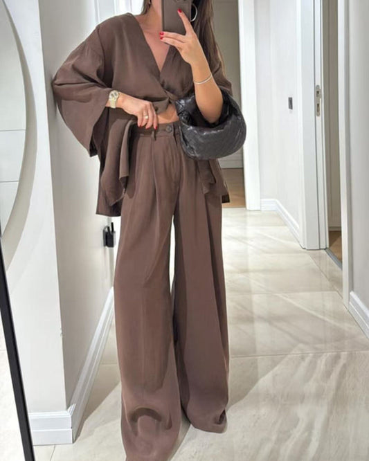 Casual V-Neck Top & Trousers Two-Piece Set