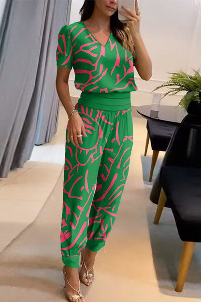 Casual V-Neck Printed Short Sleeve Long Trousers Two-Piece Set