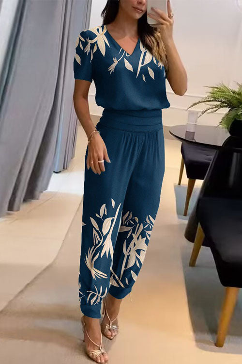 Casual V-Neck Printed Short Sleeve Long Trousers Two-Piece Set